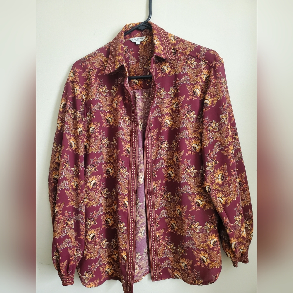 Max Studio Burgundy and Gold Floral Shirt